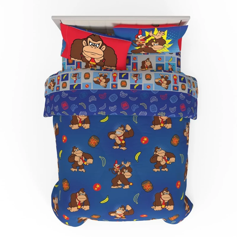 Franco Collectibles Nintendo Donkey Kong Gaming Bedding 7 Piece Super Soft Reversible Comforter and Sheet Set with Sham, Queen, (Officially Licensed Product)