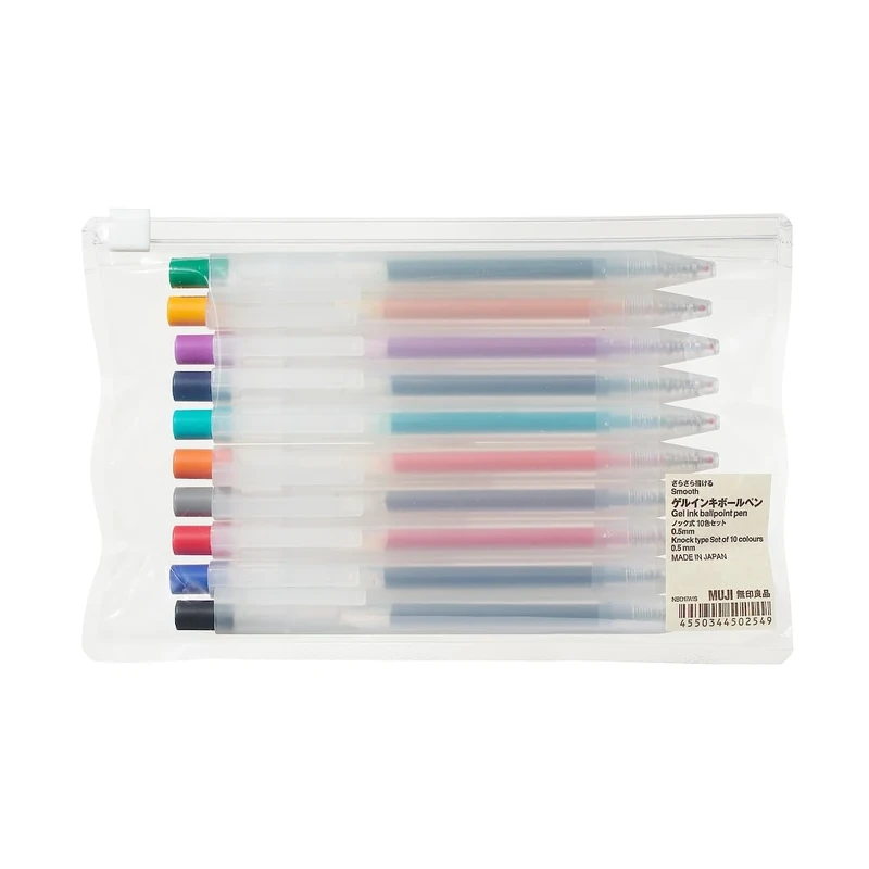 MUJI 無印良品 Smooth Retractable Gel Pens, 10 Colours Set, 0.5mm Fine Point, Japanese Made