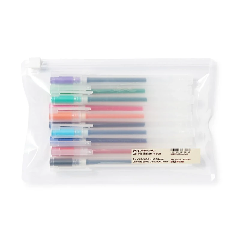 MUJI 無印良品 Coloured Gel Ink Ballpoint Pens, 0.38 mm Tip, Pack of 10 with Caps