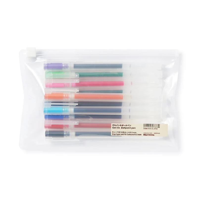 MUJI Gel Ink Ballpoint Pens, 0.5 mm Tip, Set of 10 Colours, Cap Style, Japanese Made