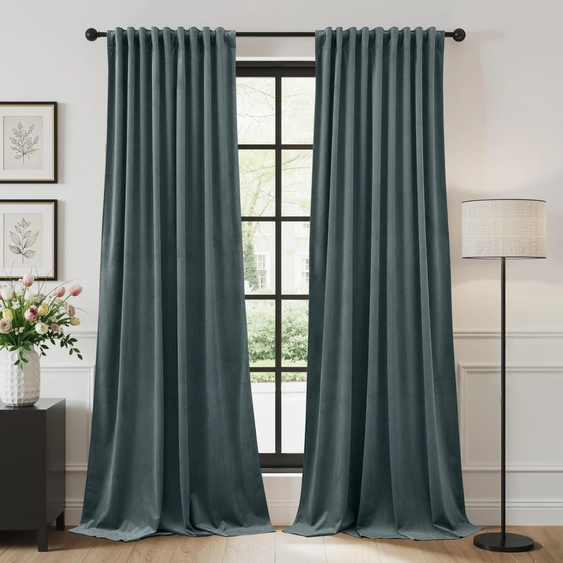 StangH Slate Blue Velvet Curtains 108 inches for Living Room Back Tab Room Darkening Privacy Protect Window Drapes for Bedroom/Dining Room/Office, W52 x L108, 2 Panels