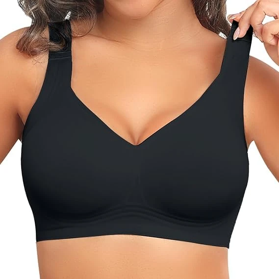Women's Seamless Support Sports Bra, Soft and Comfortable, Adjustable and Full-Coverage T-Shirt Bra Without Steel Rings, Black, Small