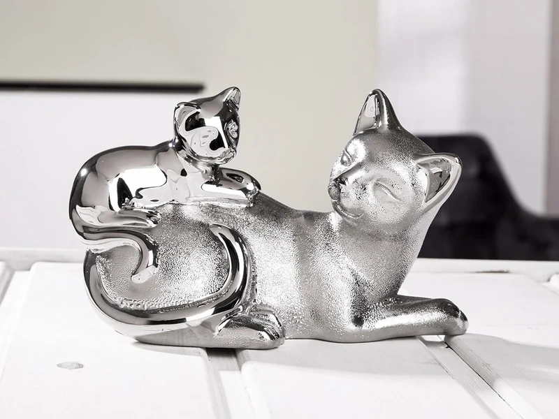 AlexandreHouse Pack of 2 Figures, Cat, Porcelain, Silver Colored, PU 2, L. 10 cm, W. 20 cm, H. 12 cm