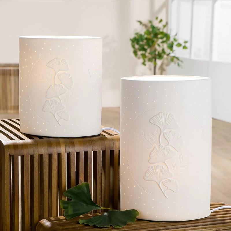 AlexandreHouse Table lamp, Ginkgo Motif, Porcelain, White, PU 1, L. 10 cm, W. 18 cm, H. 29 cm