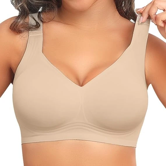Women's Seamless Support Sports Bra, Soft and Comfortable, Adjustable and Full-Coverage T-Shirt Bra Without Steel Rings, Beige, X-Large