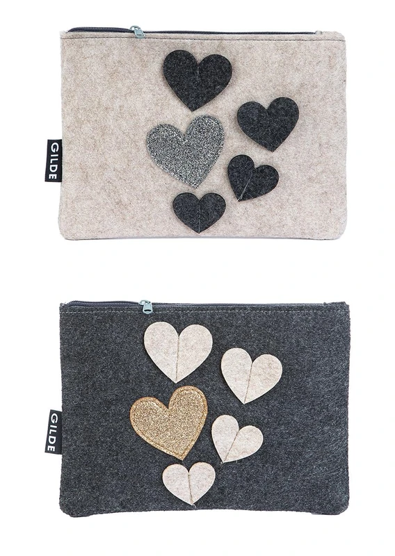 Pack of 12 Pouches, Rectangular, Heart Pattern, Felt, Beige, Dark Gray, PU 12, 2 Assorted, L. 1 cm, W. 21 cm, H. 16 cm