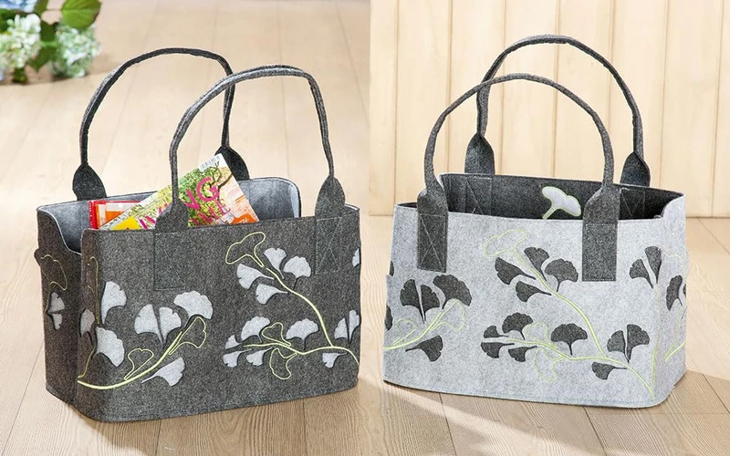 AlexandreHouse Pack of 2 Bag, Ginkgo Pattern, Felt, Light Gray, Dark Gray, PU 2, 2 Assorted, L. 40 cm, W. 25 cm, H. 26 cm