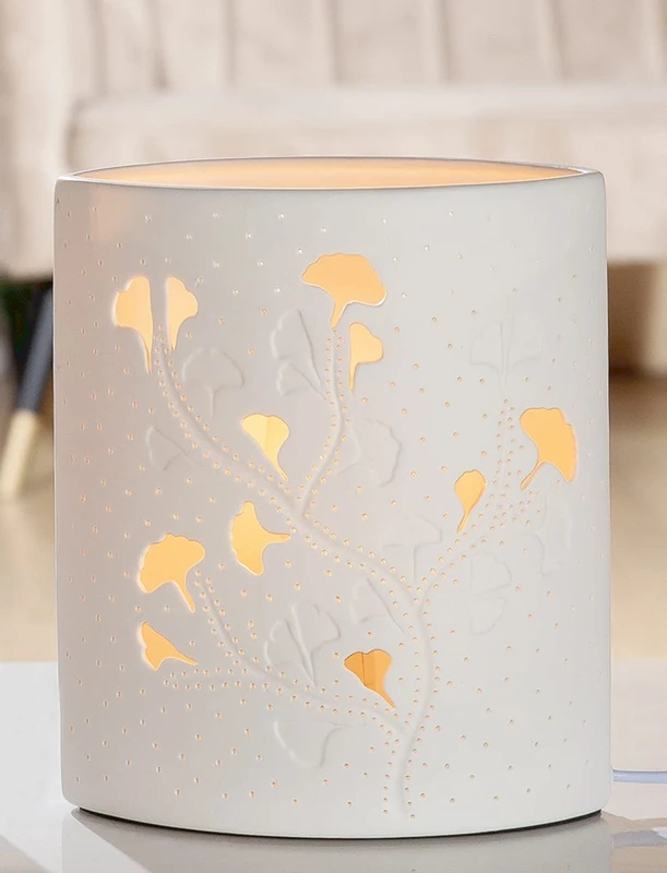Table lamp, Ginkgo Motif, Porcelain, White, PU 1, L. 9 cm, W. 17 cm, H. 20 cm