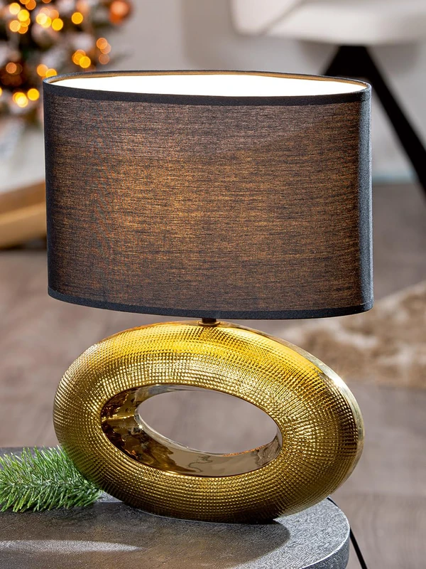 Table Lamp, Oval, Ceramics, Gold-Colored, PU 1, L. 16 cm, W. 30 cm, H. 39 cm