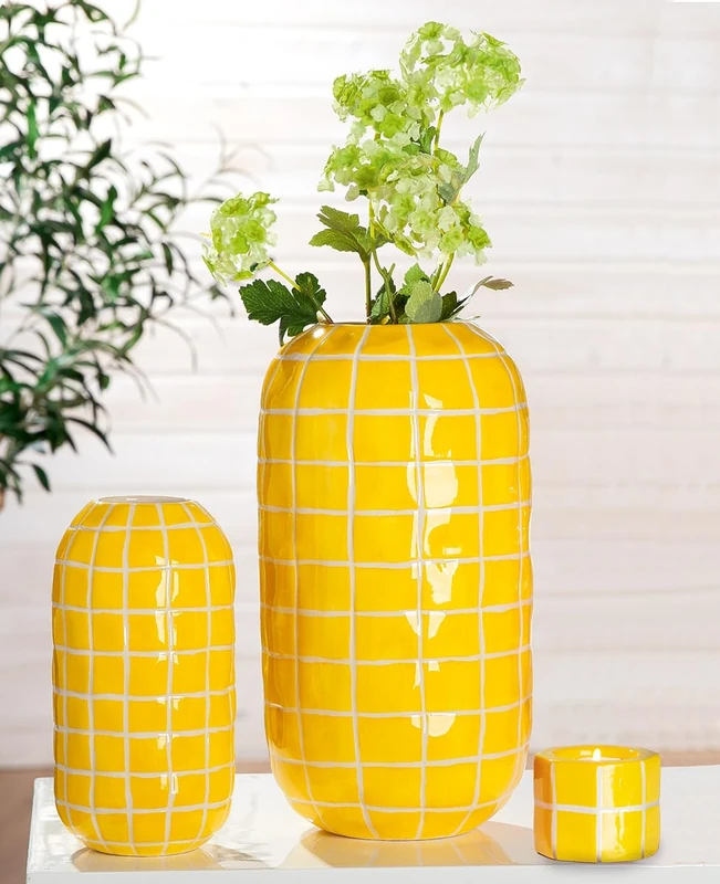 Pack of 12 Tealight Candle Holder, Cylindrical, Checkered, Ceramics, Yellow, PU 12, L. 7cm, W. 7cm, H. 6cm