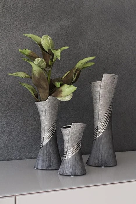 Pack of 2 Vase, Striped, Ceramics, Gray, Silver Colored, PU 2, L. 11 cm, W. 14 cm, H. 39 cm - Image 1