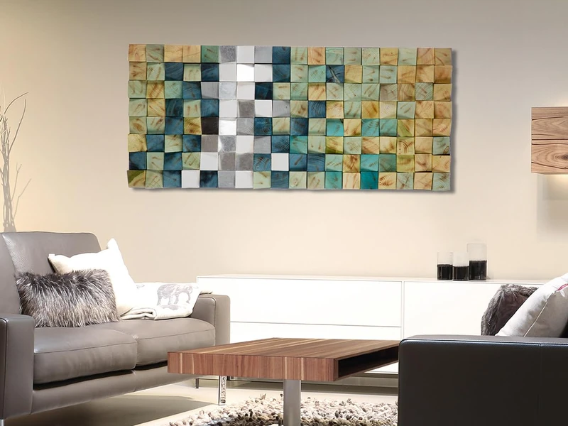 AlexandreHouse Image, rectangular, abstract motif, Pine wood, green, white, silver colored, PU 1, L. 8 cm, W. 124 cm, H. 55 cm