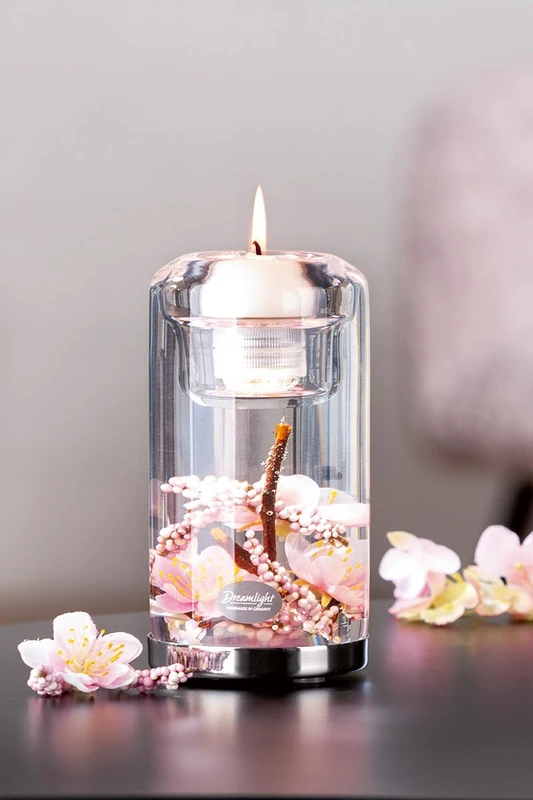Pack of 4 Dreamlight, Tealight Candle Holder (LED), Candela Classic, Cherry Blossom, Glass, Pink, PU 4, H. 15 cm, D. 7 cm