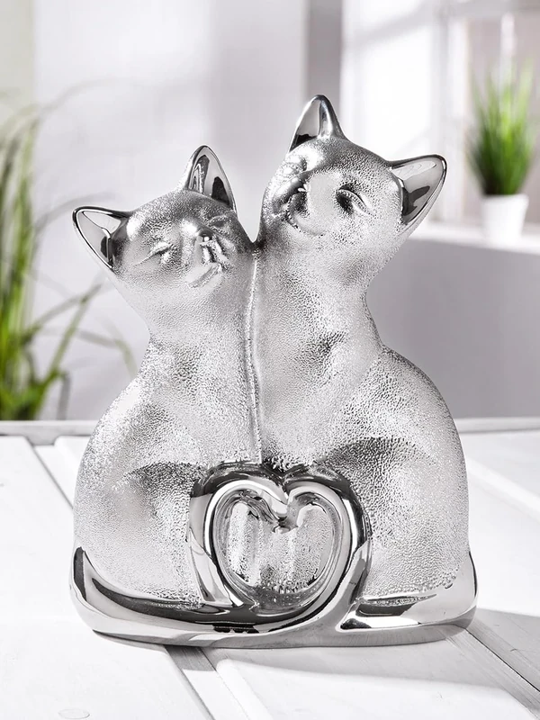 AlexandreHouse Pack of 2 Figures, Cat, Porcelain, Silver Colored, PU 2, L. 9 cm, W. 16 cm, H. 20 cm