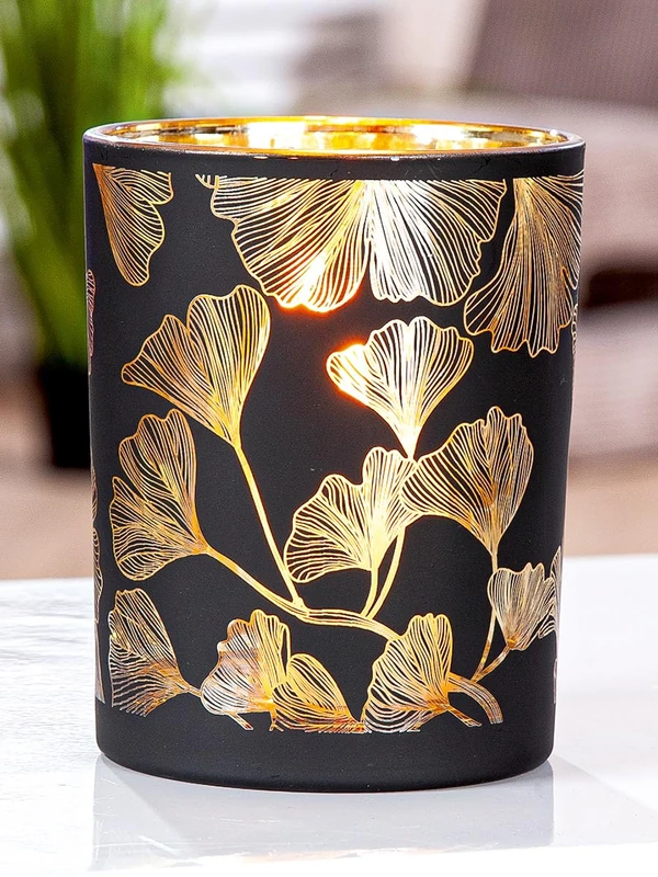 Pack of 8 Lantern, cylindrical, Ginkgo motif, Glass, black, PU 8, H. 13 cm, D. 10 cm - Image 1