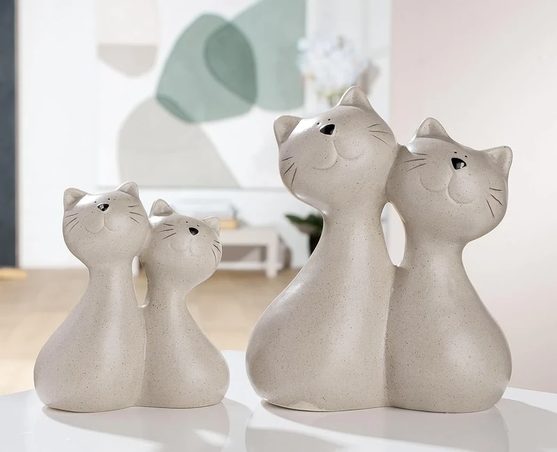 AlexandreHouse Pack of 8 Figures, Cat, Porcelain, Beige, PU 8, L. 6 cm, W. 11 cm, H. 12 cm