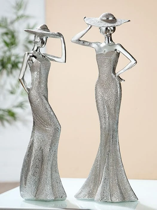 AlexandreHouse Pack of 2 Figures, Lady, Synthetic Resin, Silver Colored, PU 2, 2 assorted, L. 10 cm, W. 9 cm, H. 30 cm