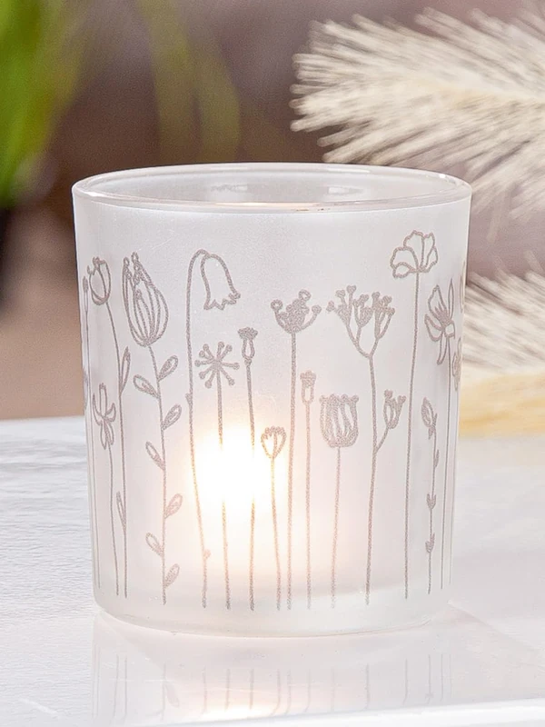 Pack of 18 Lanterns, Cylindrical, Floral Design, Glass, White, PU 18, H. 8 cm, D. 7 cm