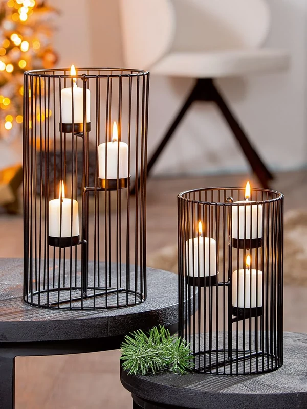 Pack of 4 Tealight Candle Holder, Cylindrical, Metal, Black, PU 4, H. 22 cm, D. 14 cm