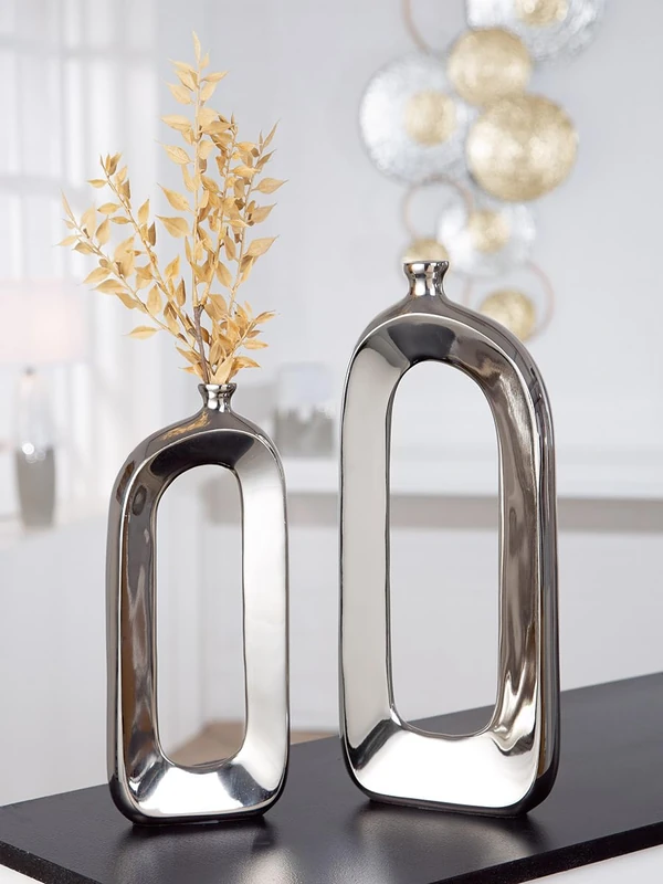 Pack of 2 Vase, Oval, Aluminum, Silver Colored, PU 2, L. 4 cm, W. 12 cm, H. 31 cm