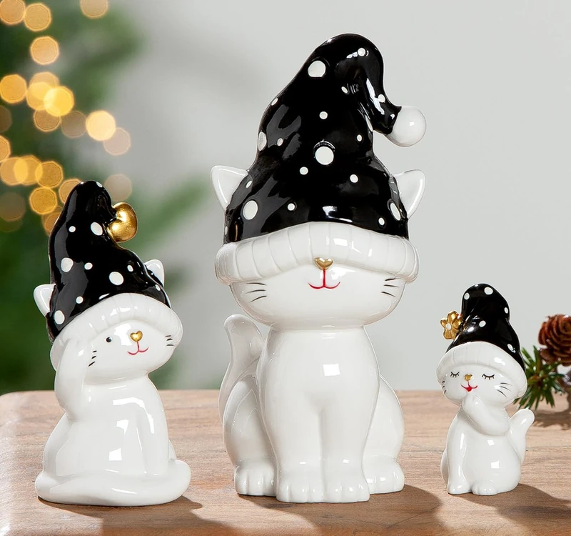 AlexandreHouse Pack of 3 Figures, Cat, Dotted, Porcelain, White, PU 3, Assorted 3 times, H. 18 cm, D. 9 cm