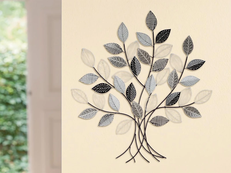 AlexandreHouse Wall Relief, Tree, Graphic, Metal, Gray, Black, White, PU 1, L. 3 cm, W. 100 cm, H. 107 cm