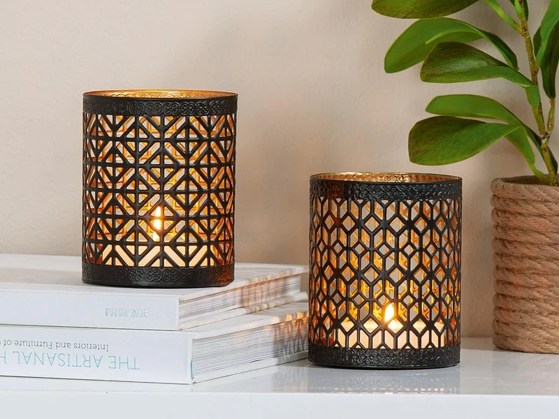 Pack of 12 Tealight Candle Holder, Metal, Black, Gold-colored, PU 12, 2 assorted, H. 10 cm, D. 9 cm