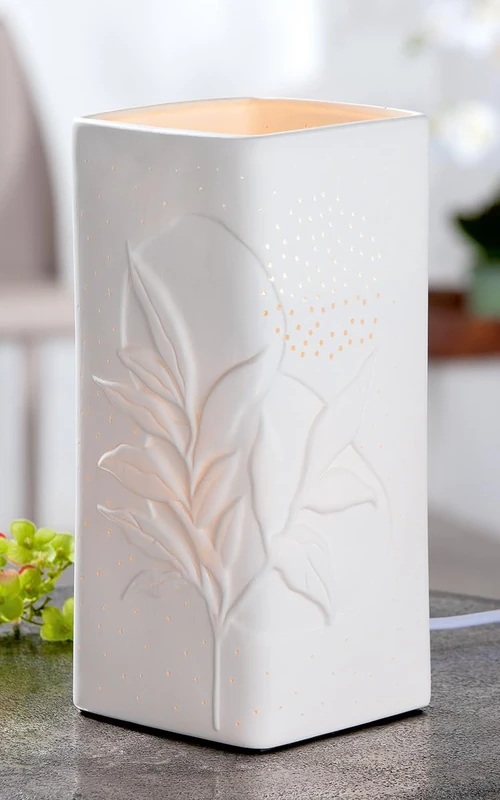Table lamp, Leaf Motif, Porcelain, White, PU 1, L. 13 cm, W. 13 cm, H. 28 cm