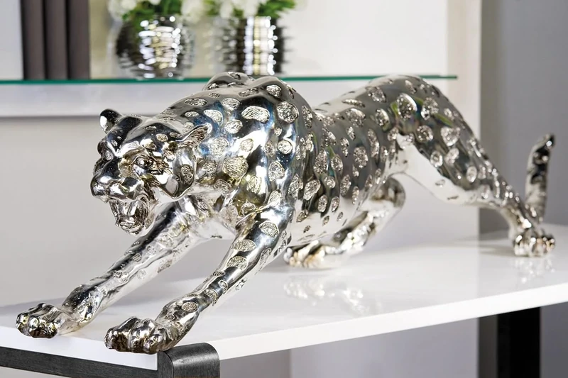 AlexandreHouse Figures Cheetah Synthetic Resin, Silver Colored, PU 1, L. 47cm, W. 145cm, H. 31cm