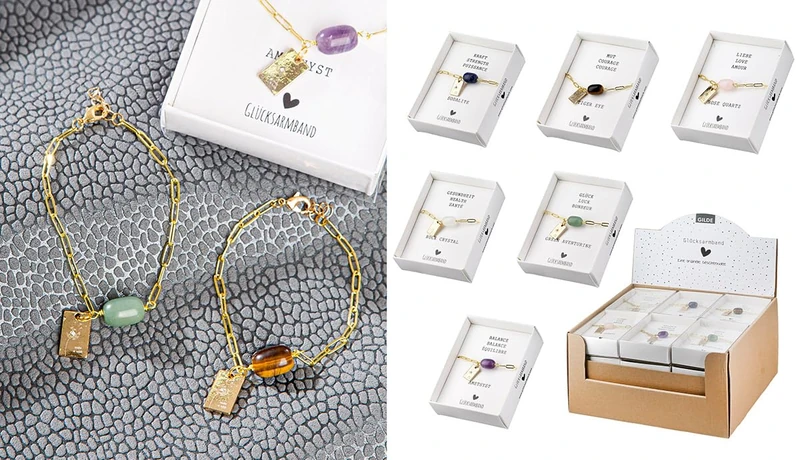 AlexandreHouse Pack of 24 Bracelets, Dandelion Motif, Semi-Precious Stone, Blue, Brown, Green, Purple, Pink, White, PU 24, 6 Assorted, W. 22 cm