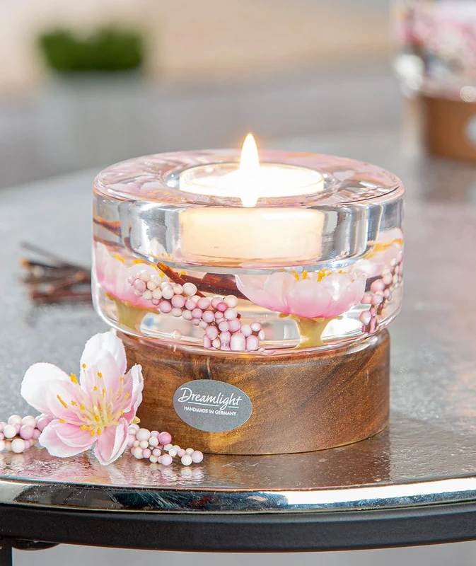 Pack of 4 Dreamlight, Tealight Candle Holder, Colum Smart on Wooden Base, Wood, Brown, Pink, PU 4, H. 7 cm, D. 9 cm