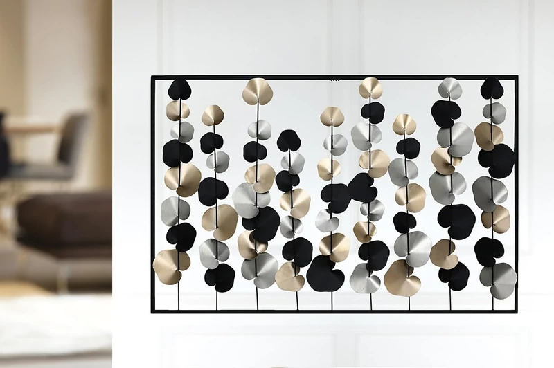 Wall Relief, Rectangular, Leaf Pattern, Metal, Black, Champagne Colored, Gold-Colored, Silver Colored, PU 1, L. 4 cm, W. 102 cm, H. 66 cm