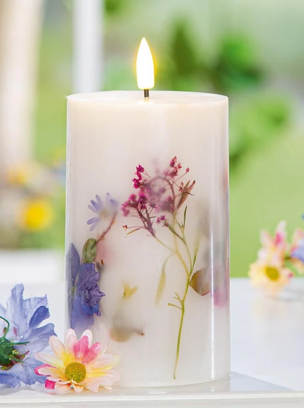 Pack of 3 Pillar Candles (LED), Round, Floral Design, Wax, White, PU 3, H. 13 cm, D. 8 cm
