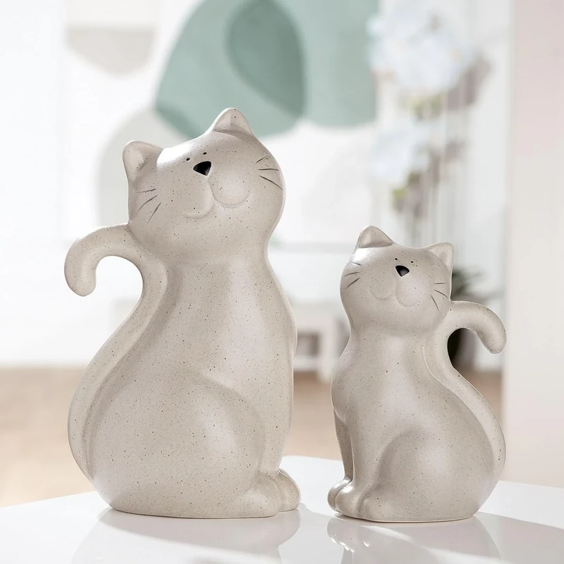 AlexandreHouse Pack of 6 Figures, Cat, Porcelain, Beige, PU 6, 2 assorted, L. 8 cm, W. 10 cm, H. 16 cm