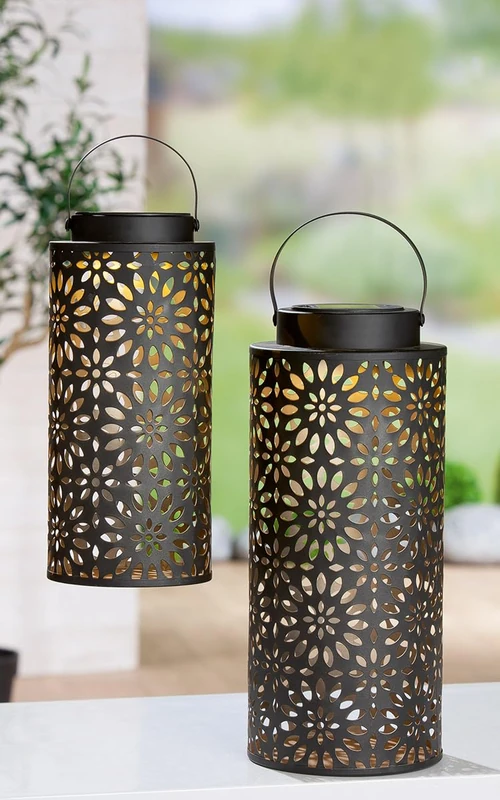 Pack of 4 Wind Light (Solar), Cylindrical, Floral Pattern, Metal, Brown, PU 4, H. 27 cm, D. 12 cm