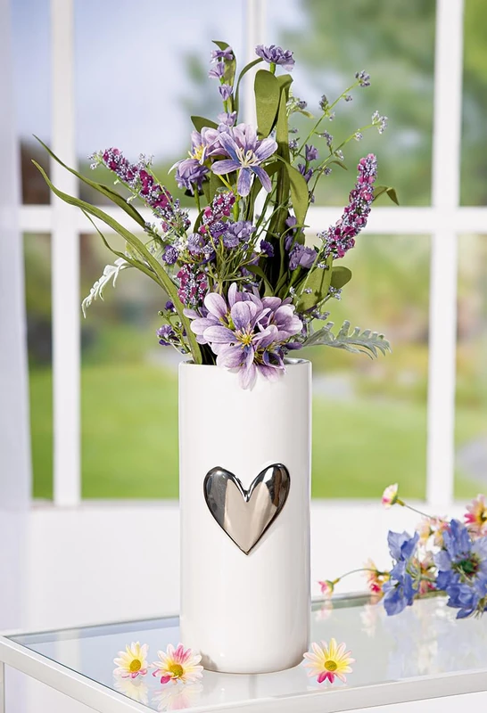 Pack of 3 Vase, Heart Pattern, Ceramics, White, PU 3, H. 22 cm, D. 10 cm - Image 1
