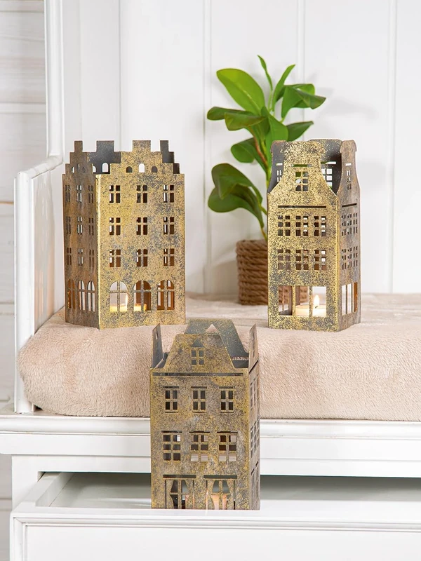Pack of 6 Tealight Candle Holder, House, House motif, Metal, Gold-colored, PU 6, Assorted 3 times, L. 9 cm, W. 9 cm, H. 18 cm
