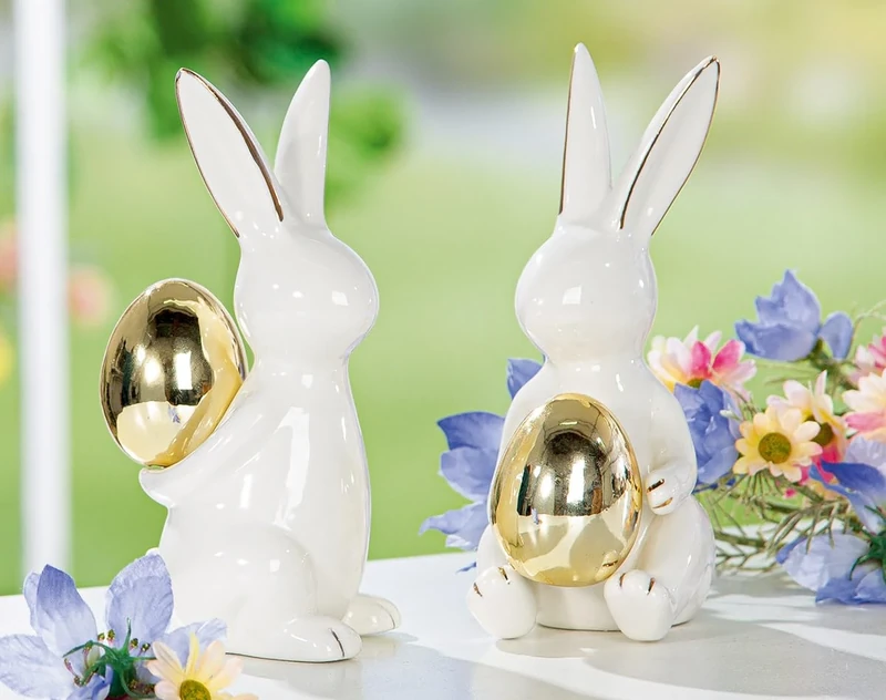 AlexandreHouse Pack of 4 Figures, Bunny, Egg Pattern, Porcelain, White, PU 4, 2 assorted, L. 10 cm, W. 7 cm, H. 16 cm