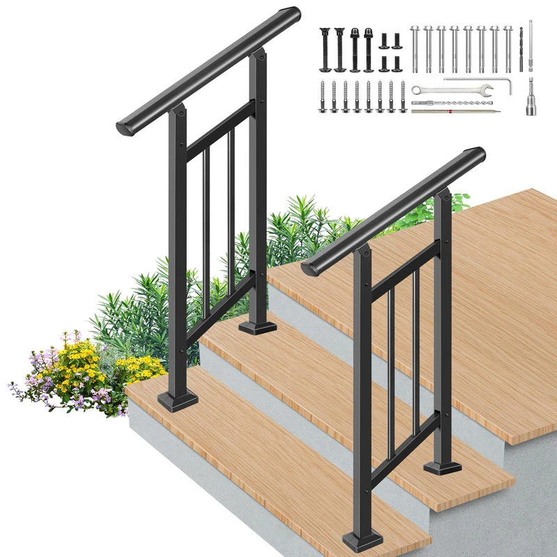Bobolish 2-Pack Wrought Iron Hand Rails for Outdoor Steps – Upgrade 2 Step Stair Railing and Safety Balusters Exterior Railing Kit for Porch, Deck, or Indoor Stairs (2-Step, Black)