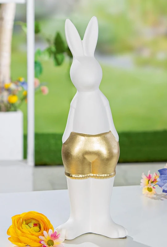 Pack of 3 Figures, Bunny, Ceramics, White, Gold-Colored, PU 3, L. 8 cm, W. 11 cm, H. 32 cm - Image 1