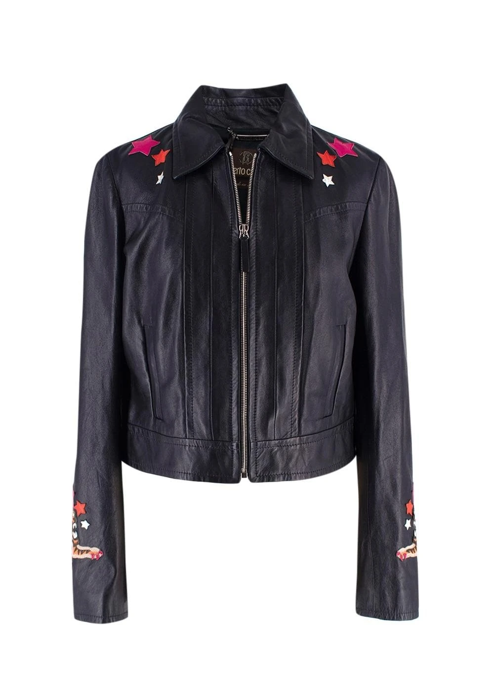 Roberto Cavalli Pre-loved Black Embellished Leather Trucker Jacket