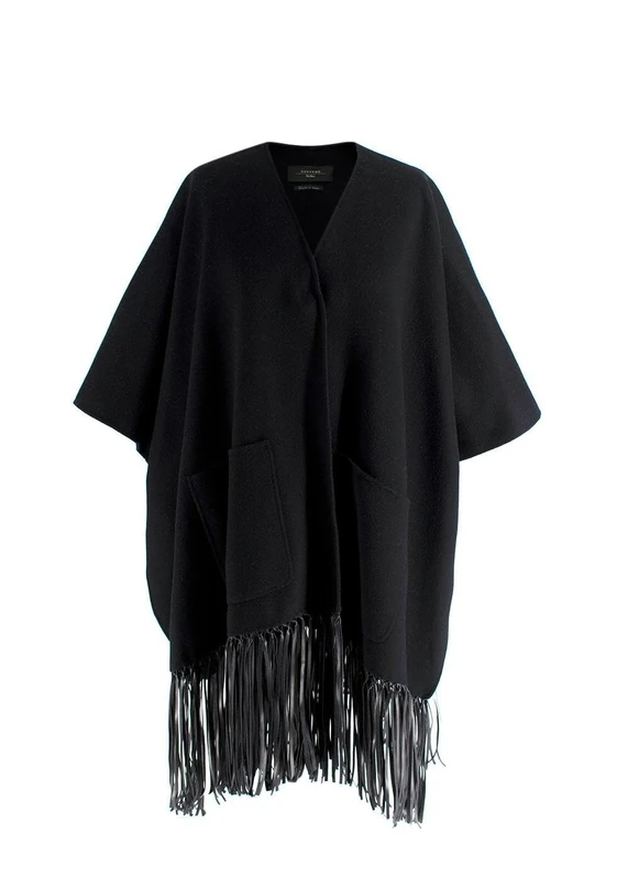 MaxMara Pre-loved Black Carina Fringed Kimono-Sleeve Coat