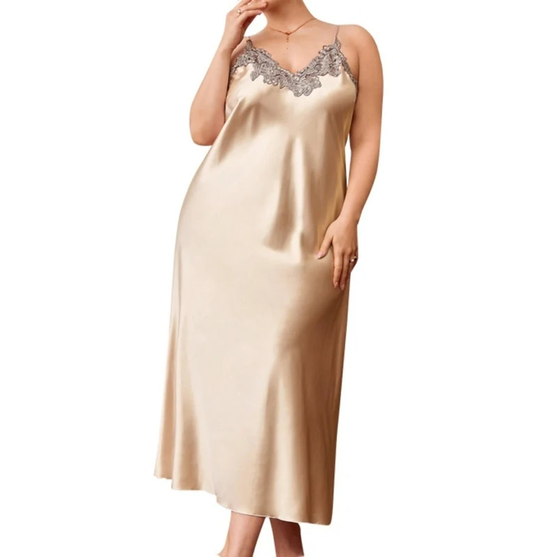 OHERUWKLS Women's Satin Large Size Nightgown V Neck Lace Trim Spaghetti Straps Summer Nightdress,Beige,4XL