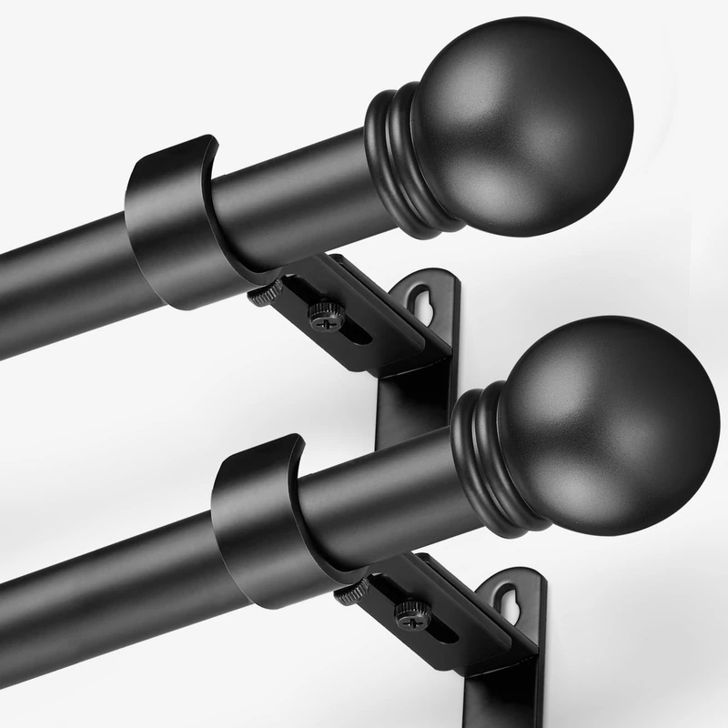 AMZSEVEN Curtain Rods for Windows 16 to 120 Inches, Curtain Rod Max Adjustable Length of 132 IN, 1" Diameter Drapery Rods Round Finials, Black, Pack of 2
