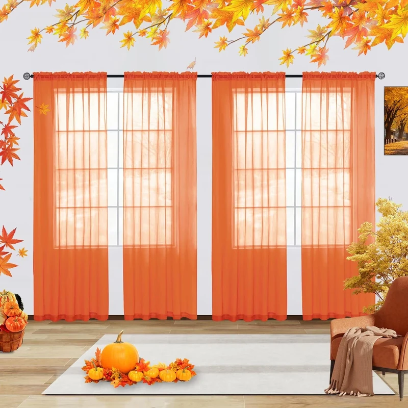 youleyar Solid Sheer Rod Pocket Curtain Voile Draperies 4 Panels White Beige Black Grey Ivory 52 Inch Width 96 Inch Long 1 Pair for Kitchen Bedroom Children Living Room Yard(Burnt Orange,52 Wｘ96 L)