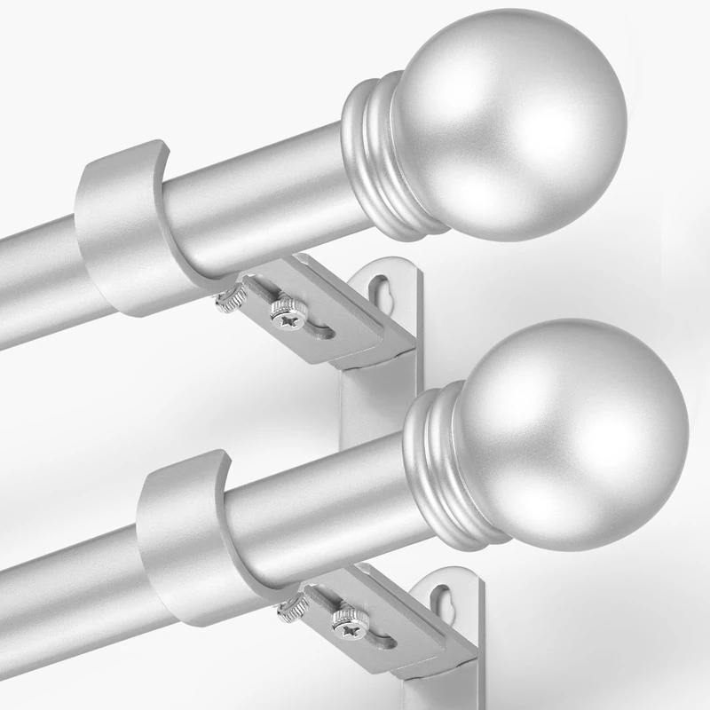 AMZSEVEN Curtain Rods for Windows 16 to 120 Inches, Curtain Rod Max Adjustable Length of 132 IN, 1" Diameter Drapery Rods Round Finials, Satin Silver, Pack of 2