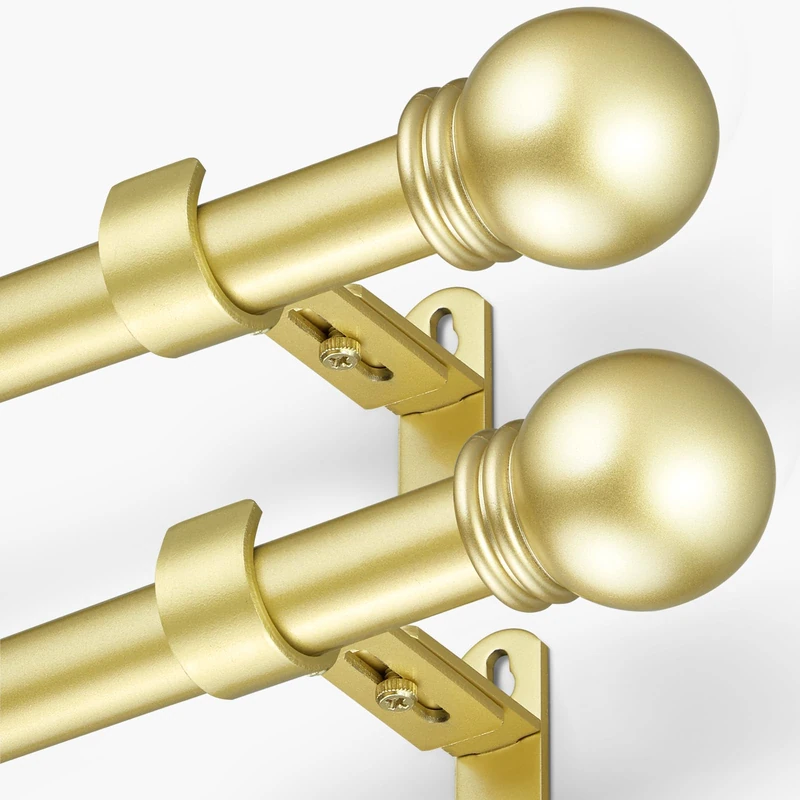 AMZSEVEN Curtain Rods for Windows 16 to 136 Inches, Curtain Rod Max Adjustable Length of 144 IN, 1" Diameter Drapery Rods Round Finials, Warm Gold, Pack of 2