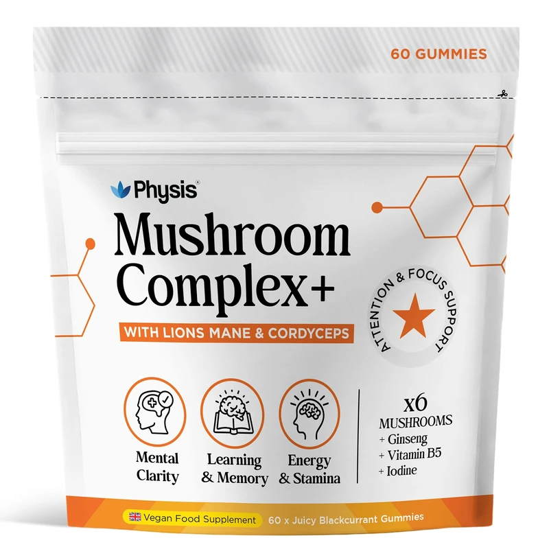 Physis Mushroom Gummies Complex 2000mg | Attention & Focus Gummies | Lions Mane +Maitake +Reishi +Chaga +Cordyceps +Tremella | Brain, Energy & Immunity | High Strength | 60 x Juicy Blackcurrants