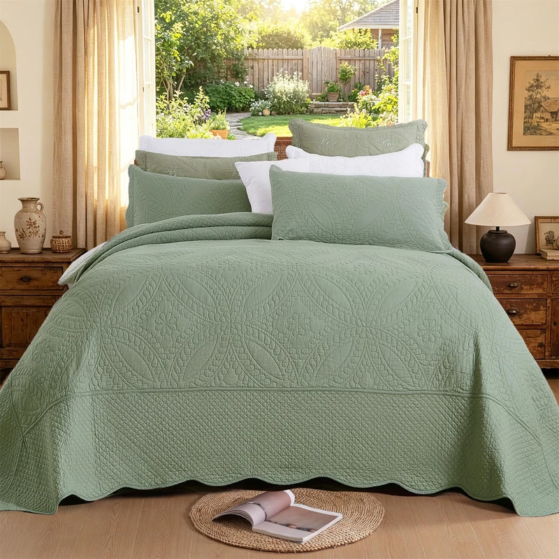 100% Cotton Quilt Oversized King Size-Sage Green Bedspread 128"x120"-Coin Pattern Bedding Set 3 Pieces-Pre-Washed Lightweight Microfiber Coverlet-Suitable for Bed,Couch,Quilt Blanket All Seasons