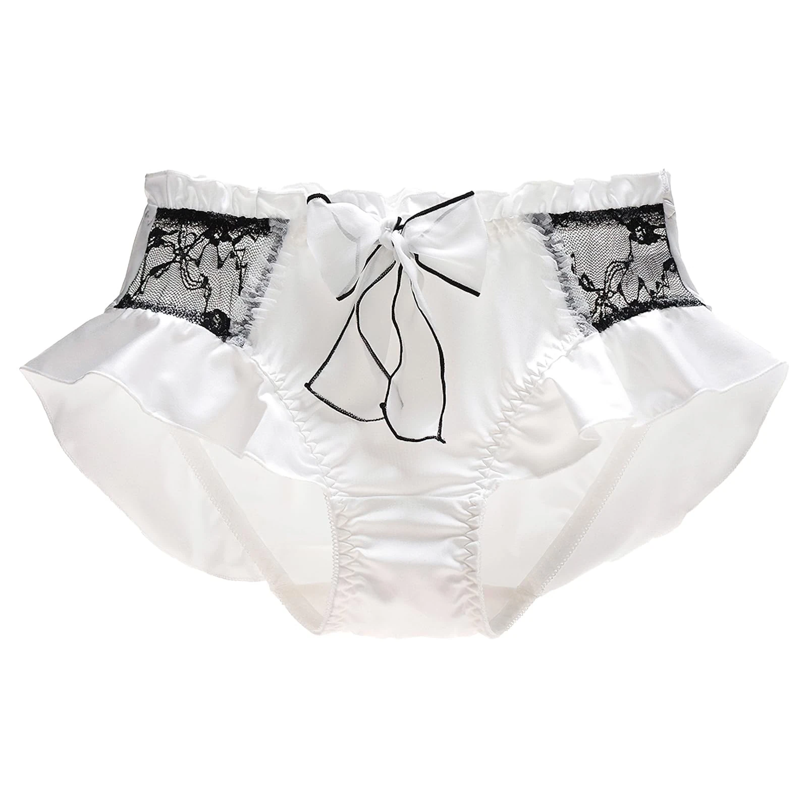 ZooChest Womens Silk Lace Knickers Lace Trim Bow Cute Underwear French Frilly Sexy Knickers Ladies Soft Stretch Full Coverage Briefs White Bridal Lingerie Knickers Sissy Clothing Satin Panties XL
